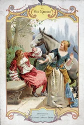 The donkey and the little dog (Fable de La Fontaine) - Bon Marché advertising sticker