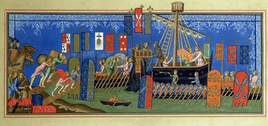 The embarkation of the Knights of the Holy Spirit for the crusades, after a miniature in the Statuts de lordre du Saint-Esprit de Naples manuscript in the Louvre, engraved by Felix Regamey (1844-1907)
