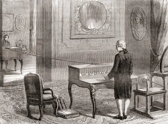 The first demonstration in 1774 of the electrical telegraph, invented by Georges-Louis Le Sage, from Les Merveilles de la Science, published c.1870