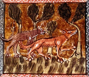 The fox and the wolf, illumination from the manuscript entitled Roman de Renart (The Novel of the Fox), c. 13th century