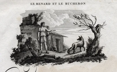 The fox and the woodman. Fable of Aesop. Written by Guillaume Montfort and engraved by Beauble in 1801