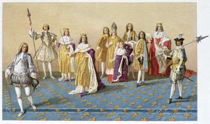 The great dignitaries at the coronation of Louis XV: Marquis de Dreux, Marshal de Villars, Duke of Harcourt, Archbishop-Duke of Reims, Louis XV, Prince Charles of Lorraine, Duke of Villeroy, Duke of Arnouville