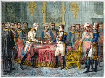 The interview of Erfurt, 27 September - 14 October 1808 - Napoleon I receiving Baron Vincent, Austrian diplomat and envoy of the Emperor of Austria to the right Alexander I of Russia (1777-1825) - Assembly of Princes in Erfurt on 27 September 1808