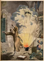 The invention of gunpowder by German monk and alchemist Berthold Schwartz (ca. 1318-1384) - Illustrious inventions. The powder. Illustration for Le petit Journal, 27 January 1901