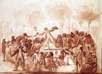 The journalist Camille Desmoulins (1760-1794) harangued the patriots in the gardens of the Royal Palace. First scene of the French revolution in Paris, July 12