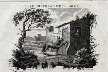 The Kid and the Wolf. Fable of Aesop. Written by Guillaume Montfort and engraved by Beauble in 1801