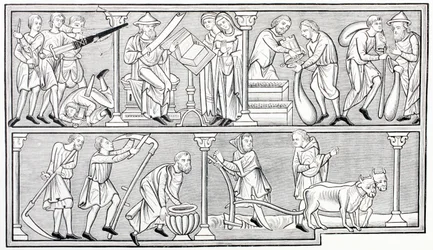 The labors of war, science, commerce and agriculture, after a miniature in a 13th century psalter, from Les Arts au Moyen Age, published 1873