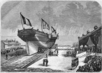 The launch of the liner Quirinal at La Seyne in 1857 (Compagnie des Messageries Maritimes). Engraving from 1857