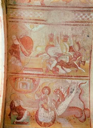The plague of locusts and a dragon threatening a woman