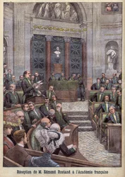 The poet and playwright Edmond Rostand being received into the Academy Francaise for 