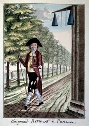 The return of an emigrant at the end of the French Revolution. A noble torn clothes that fled the city during the Revolution. Engraving of the 19th century Paris, Musee Carnavalet
