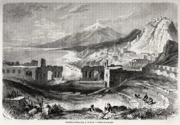 The Ruins of the Ancient Theatre of Taormina, at the Foot of Mount Taurus, Overlooking the Modern Village of Giardini and the Etna, Drawing by Adolphe Rouargue and Emile Rouargue to Illustrate Felix Bourquelot