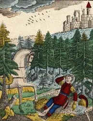 The story of the four sons Aymon; Bayard, hearing the noise of the soldiers that Ripas had with him to hang Richard, awakens Regnault by striking on his shield