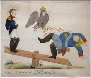 The toggle. Portrait of Napoleon Bonaparte (1769-1821) standing on a rocking board, watching his enemy fall, blasted by an eagle crown