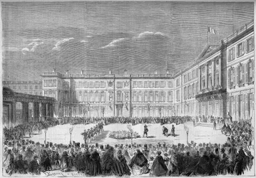 The torchlight curée in the courtyard of the palace of Compiegne, Oise