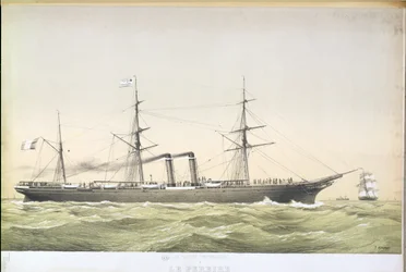 The transatlantic paddle liner Le Pereire crossing from Le Havre to New York, c.1860