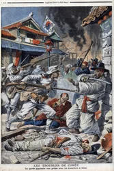 The troubles of Korea, the Japanese guard struggling with the emeutiers in Seoul, discontent with the abdication of Yi-Yeung - 
