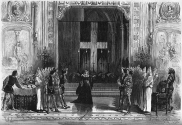 Theatrical representation: scene of the coffins in Lucrece Borgia by Victor Hugo. Paris, Theatre de la Porte Saint Martin