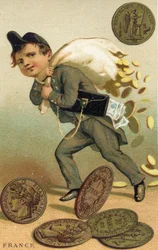 Thief escaping with a sack of French francs and banknotes, from a series of promotional cards on currencies in different countries, published in Paris by Baster & Vieillemard for use by the chocolate producer, Chocolat Ibled