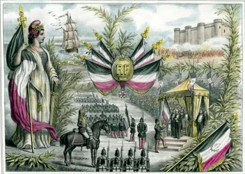 Third Republic: the triumphant republic presides at the Grand National Fete of 14/07/1880 on Place de la Bastille. July 14 becomes a national fete of France and the tricolour flag is adopted. Engraving around 1880, Private Collection
