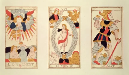 Three tarot cards depicting Judgement, The World and The Fool