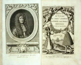 Title page and frontispiece portrait of Journal du Voyage de Chevalier Chardin en Perse et aux Indes Orientales by Jean Chevalier Chardin