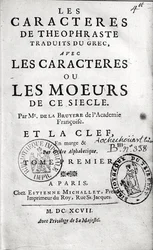 Titlepage of Theophrastuss Les Characteres ou les Moeurs translated by Jean de la Bruyere