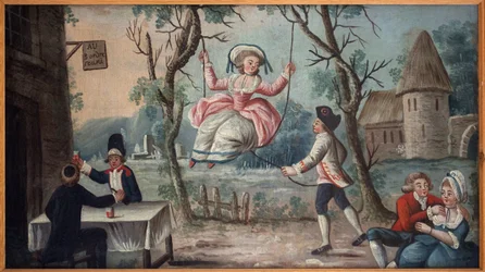 To the Three Orders Reunited. The Clergy, the Nobility, and the Third Estate Reunited in a Tavern. A Young Woman Swings Her. Painted Sign of Cockade Merchant, from the Royal Palace, Anonymous Painting, Revolutionary Period