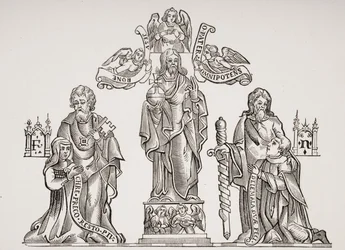 Tomb Decoration depicting Nicholas Flamel (c.1330-c.1418) and his wife Pernelle, after decorations in the Cemetery of the Innocents, Paris, from Le Moyen Age et La Renaissance by Paul Lacroix (1806-84)