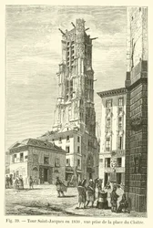 Saint-Jacques Tower in 1830, view taken from Place du Cloitre