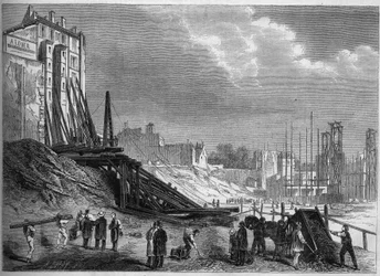 Transformations of Paris under the Second Empire, Haussmannian Paris: view of the demolitions at the site of Square Montholon, Rue Lafayette. Engraving in Le Monde Illustré No. 335 of September 12, 1863