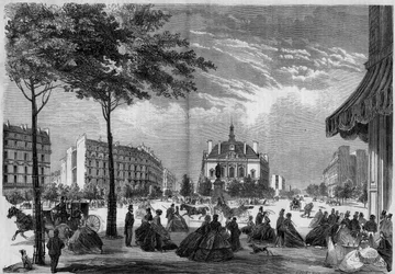 Transformations of Paris under the Second Empire, Paris Haussmann: the new town hall of the XI arrondissement in Paris. (You can see Voltaire Boulevard and Parmentier Avenue). Engraving from 1865