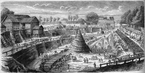 Works executed at Menilmontant to dig the large reservoir of the waters of the Dhuis which will serve to supply Paris with drinking water