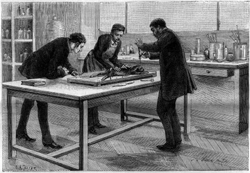 Trepanation of a rabbit in the laboratory of Louis Pasteur (1822-1895), for the study of rabies, drawing by C. Gilbert from nature. Engraving in “La Nature. Revue des sciences et de ses applications aux arts et à l