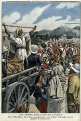 Triple execution in Algeria: execution of the assassins of Inspector Dubois and Brigadier Barbier: Nour Bouchta, one of the convicts, harangued the crowd before going to the scaffold - Le Petit Journal of July 11