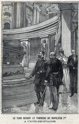 Tsar Nicholas II of Russia and Tsarina Alexandra Fiodorovna Romanova in front of the tomb of Napoleon I Bonaparte at the Hotel des Invalides in Paris, in "Le Petit Parisien"