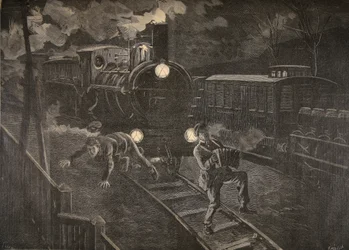 Two men hit by a train, illustration from Le Petit Journal: Supplement illustre, 1898