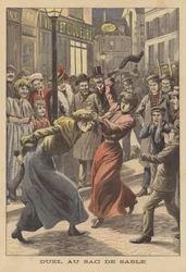 Two Women Fighting with Stockings Filled with Sand