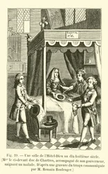A hall of the Hotel-Dieu in the eighteenth century, Mgr the former Duke of Chartres, accompanied by his governor, bleeding a patient, After an engraving of the time communicated by Mr. Romain Boulenger