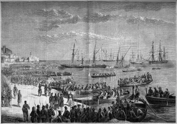 Unification of Italy - Expedition of the Thousand or Red Shirts - Evacuation of Milazzo (Sicily), July 1860: General Bosco and the Neapolitan troops of Francois II left the Citadel of Milazzo after their defeat against the Thousand of Giuseppe Garibaldi