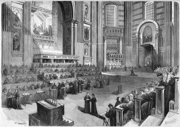 First Vatican Council (1869-1870): First meeting held on 9 December 1869 in the right part of the transept of the Church of St. Peter in Rome. Engraving in 