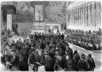 Vatican Council 1 (1869-1870): prosynodal audience in the Sistine Chapel of Rome. Pope Pius IX (1792-1878) received the oath of the seret of the marechals and the officials of the Council (engraving in Le Monde Illustré)