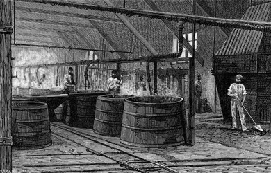 Vats of the Suffrice factory charged to ecumer the Seine. Engraving in “Le Journal de la jeunesse”