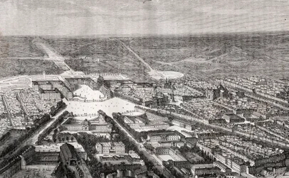 Versailles with its castle in the 19th century - engraving in 