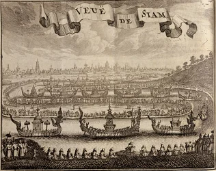 View of Ayutthaya with royal barges, from Voyage du Siam des Peres Jesuites by Guy Tachard, 1688