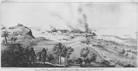 View of the French establishment at La Calle burnt and destroyed by the Arabs on 18th June 1827