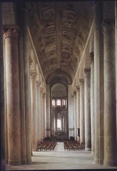 View of the nave towards the choir and the vault decorated with 12th century frescoes