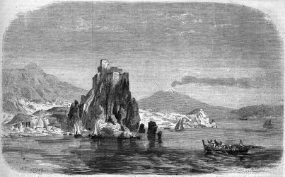 View of the rocks of Charybde and Scylla in the Detroit of Messina, Sicily.