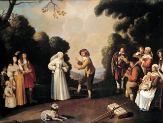 Village dance scene probably at a wedding party, a pregnant woman on the left. 17th century Avignon, Musee Calvet