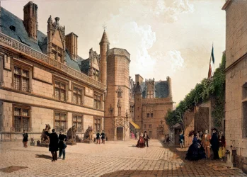 View of the Hotel and the Musee de Cluny in Paris. Engraving of the 19th century Paris, decorative arts